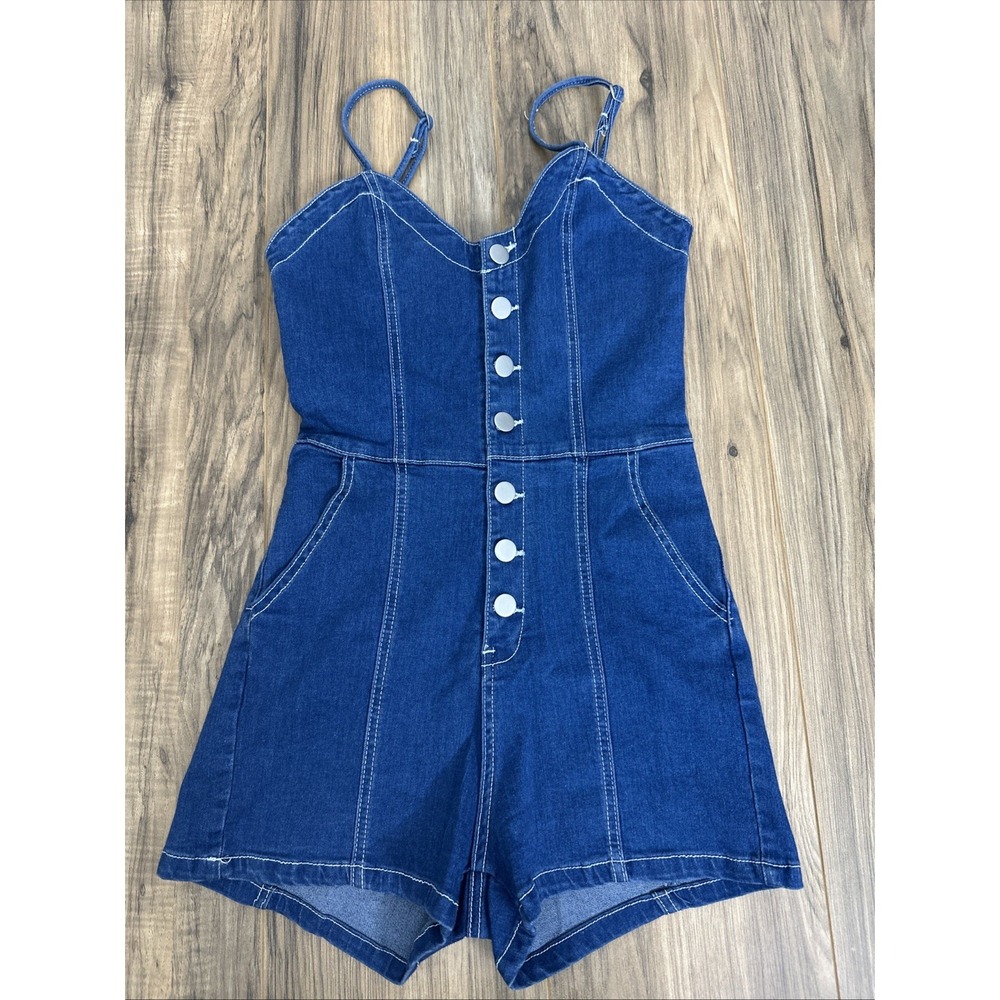 BANJUL Women's Denim‎ Shorts Romper Small Button Up Spaghetti Strap Blue